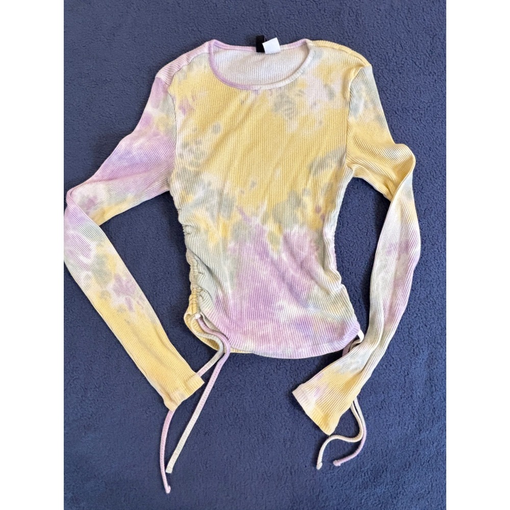 HM Divided‎ Tie Dye Ribbed Ruched Side Drawstring Long Sleeve Top Pastel Small